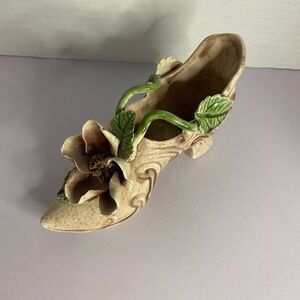 Vintage Vee Jackson Pottery Ceramic Shoe with Deep Pink Rose